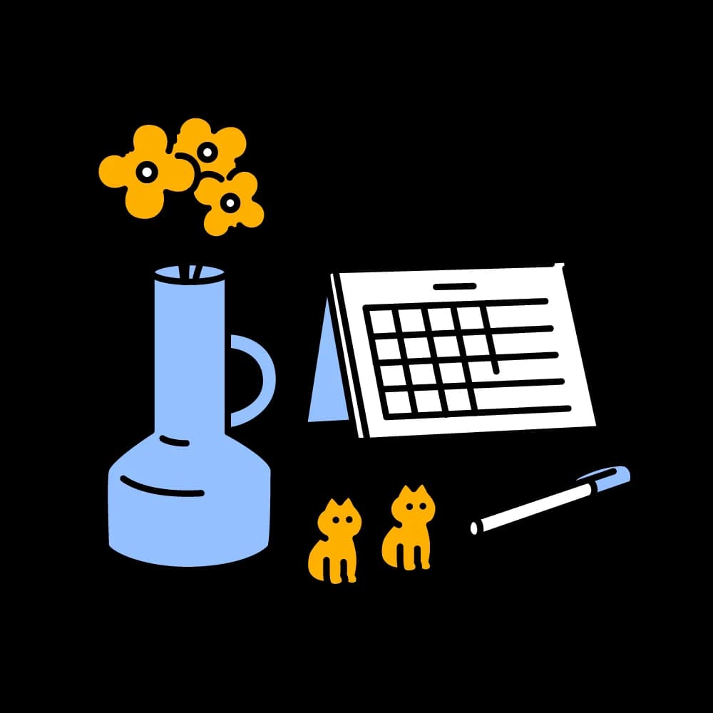 Ilustración jarrón con flores y calendario